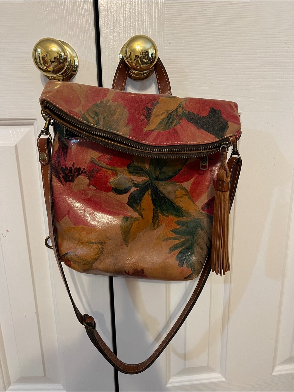 Floral Multi-Color Leather Crossbody Bag - Tassel Accent